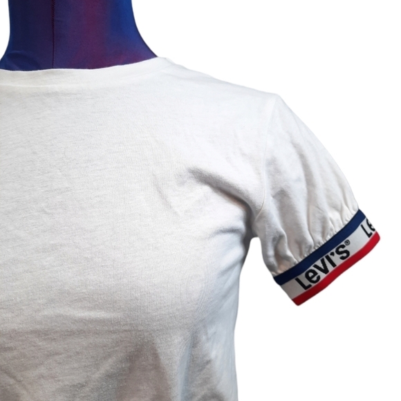 Levi's Crop Top Puff Sleeve with Red, White, & Blue Tee Shirt Size Medium Women - Picture 2 of 9
